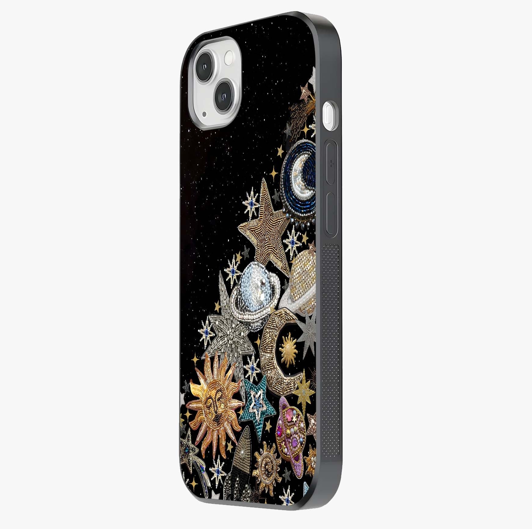 Cosmic Sparkle Dreams Glass Case photographed in natural light showing reflective finish and design depth.