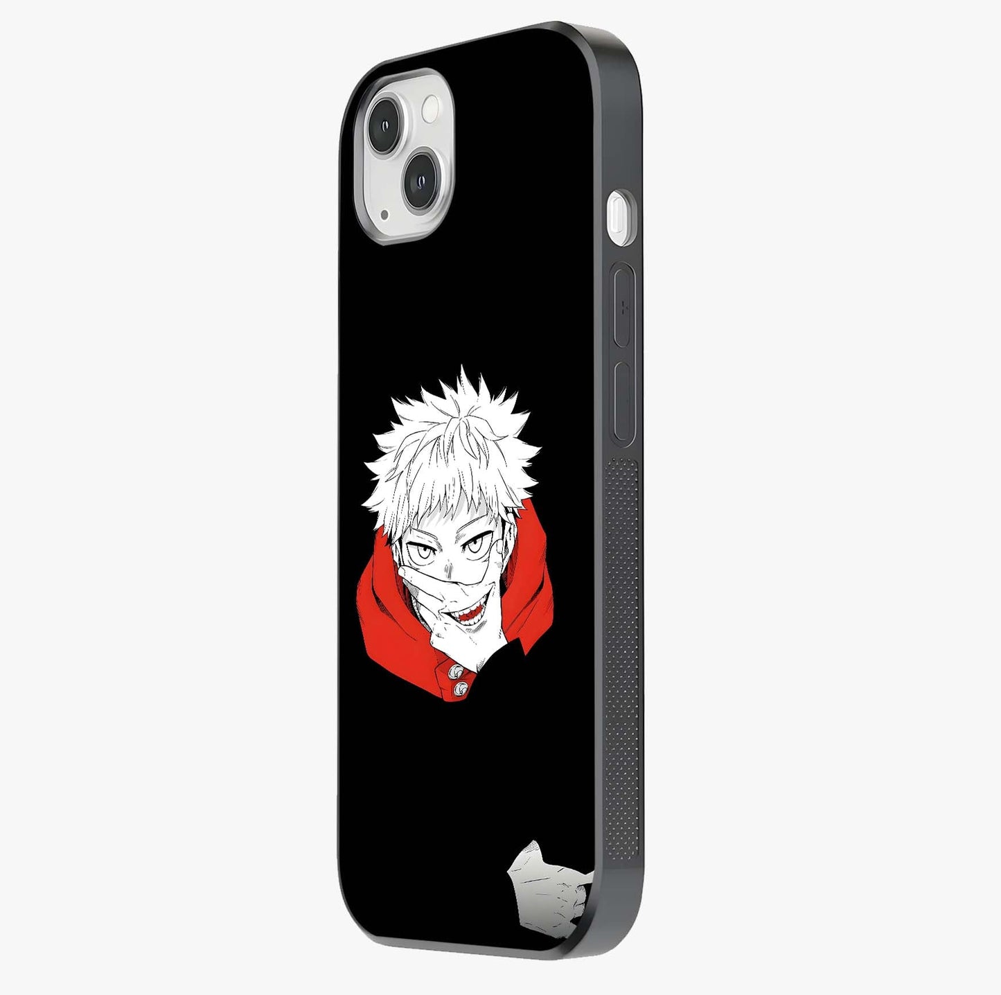 Crimson Chaos Smile Glass Case photographed in natural light showing reflective finish and design depth.