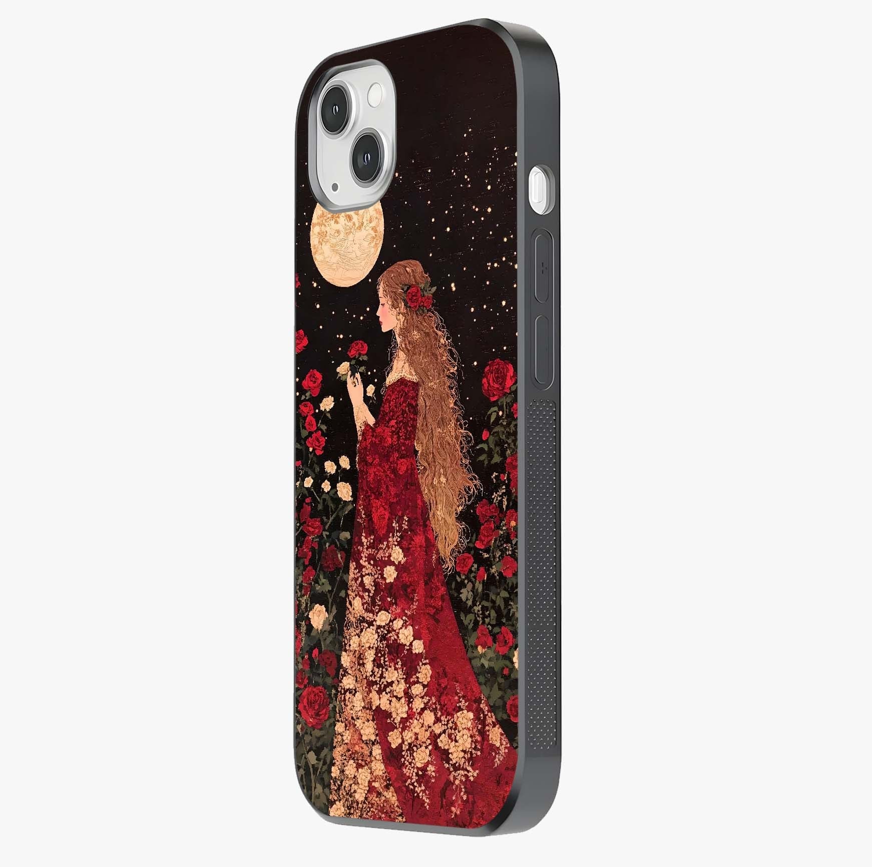 Crimson Dreams Glass Case photographed in natural light showing reflective finish and design depth.