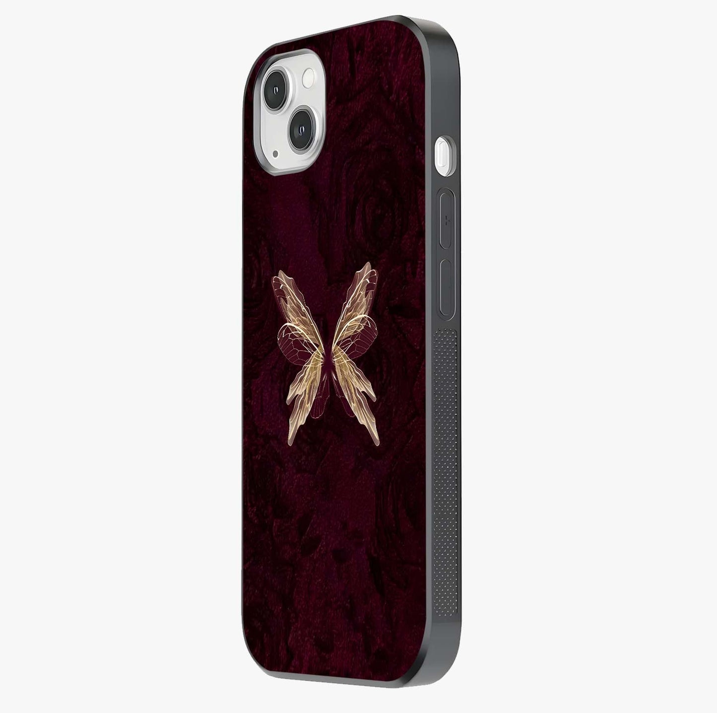 Crimson Fade Butterfly Glass Case photographed in natural light showing reflective finish and design depth.