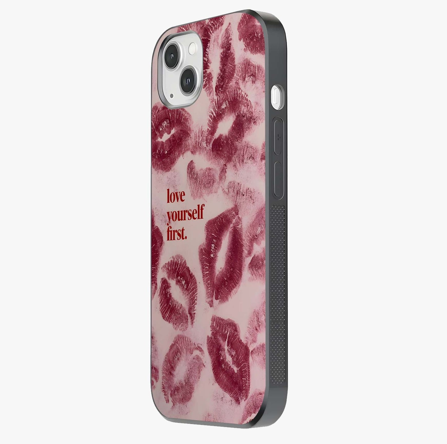 Crimson Kiss Love Glass Case photographed in natural light showing reflective finish and design depth.