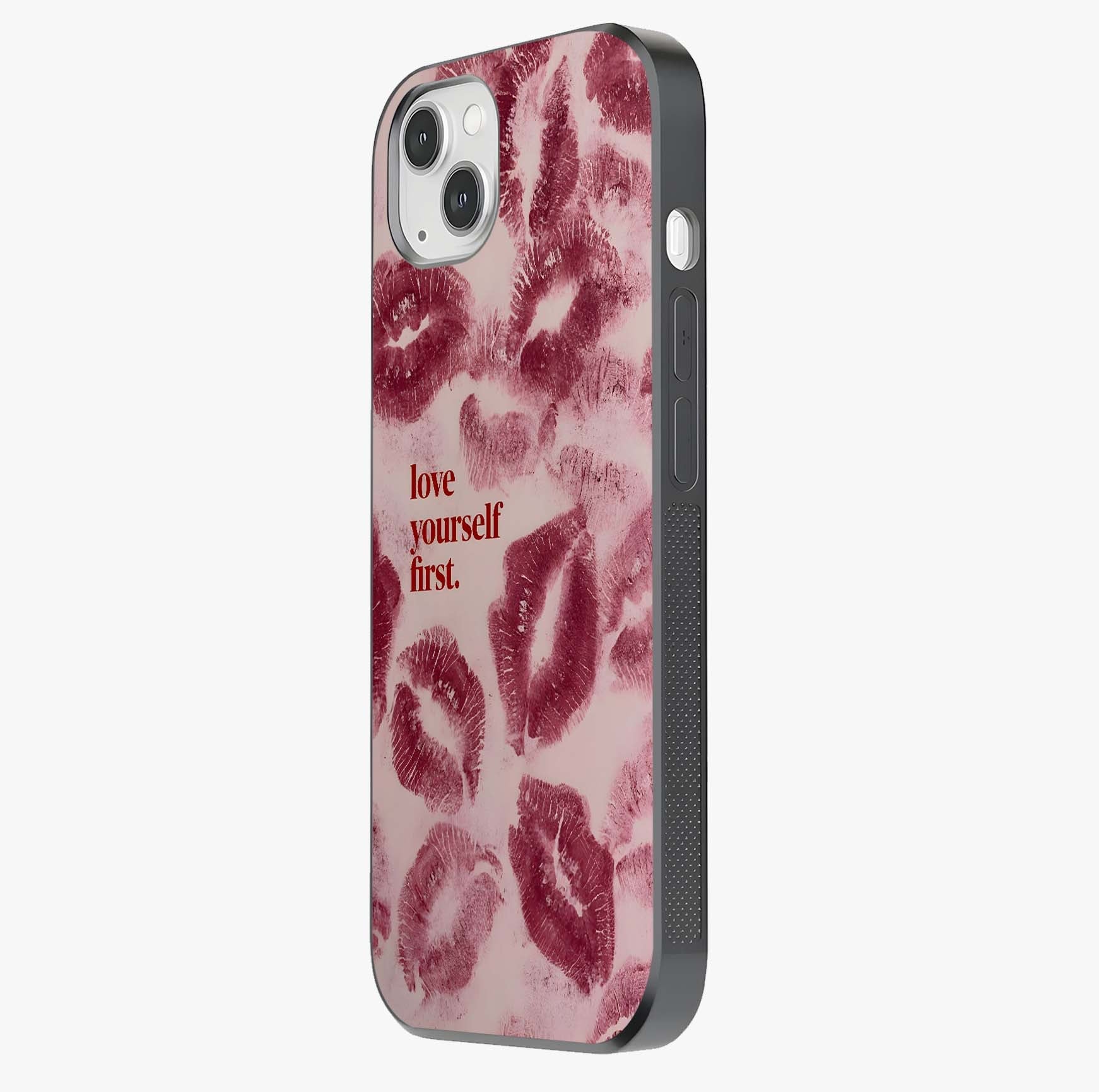 Crimson Kiss Love Glass Case photographed in natural light showing reflective finish and design depth.