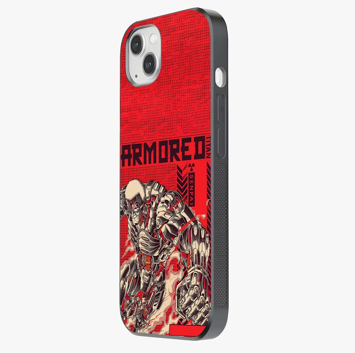 Crimson Mecha Titan Glass Case photographed in natural light showing reflective finish and design depth.