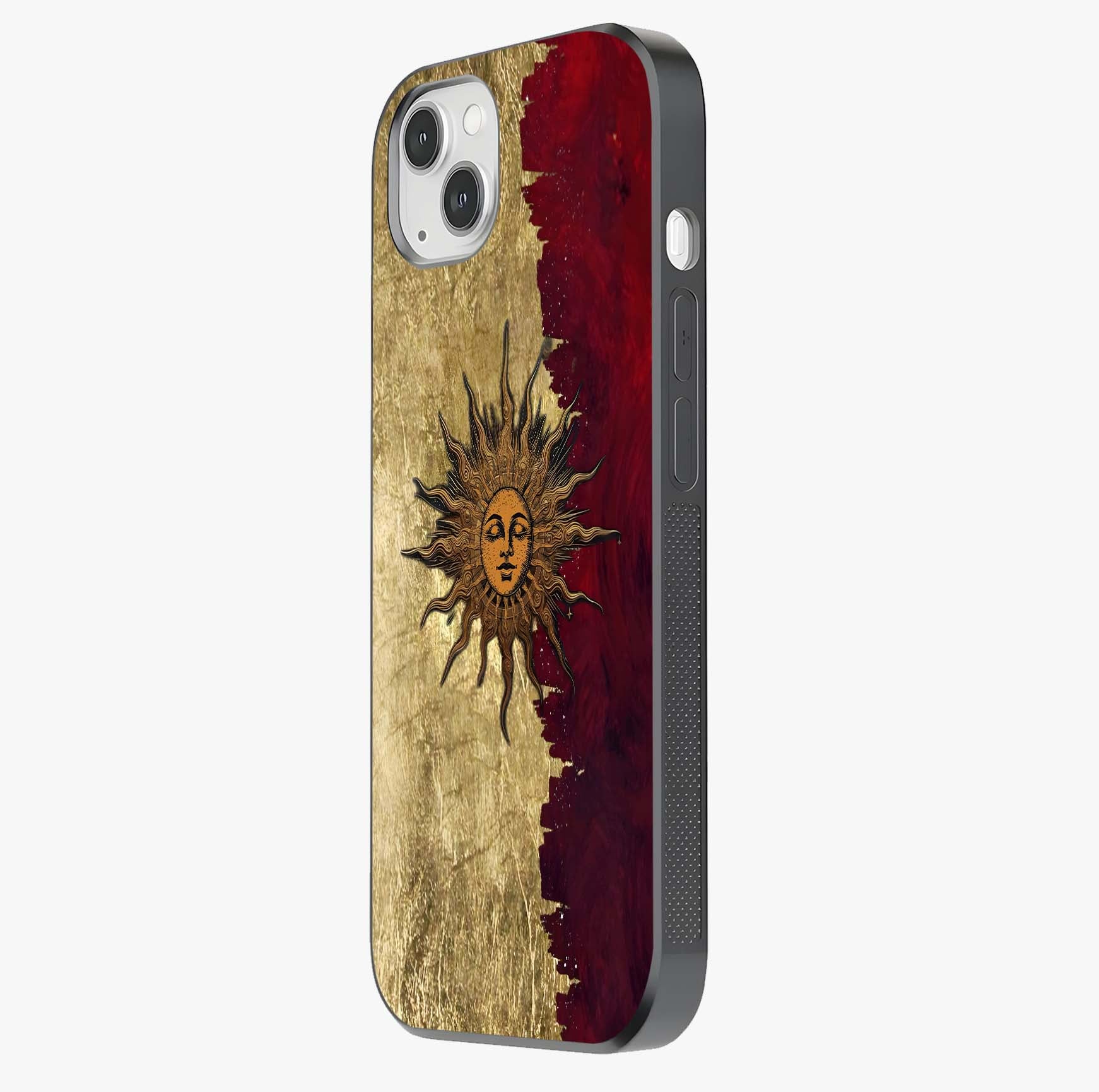 Crimson Sun Majesty Glass Case photographed in natural light showing reflective finish and design depth.