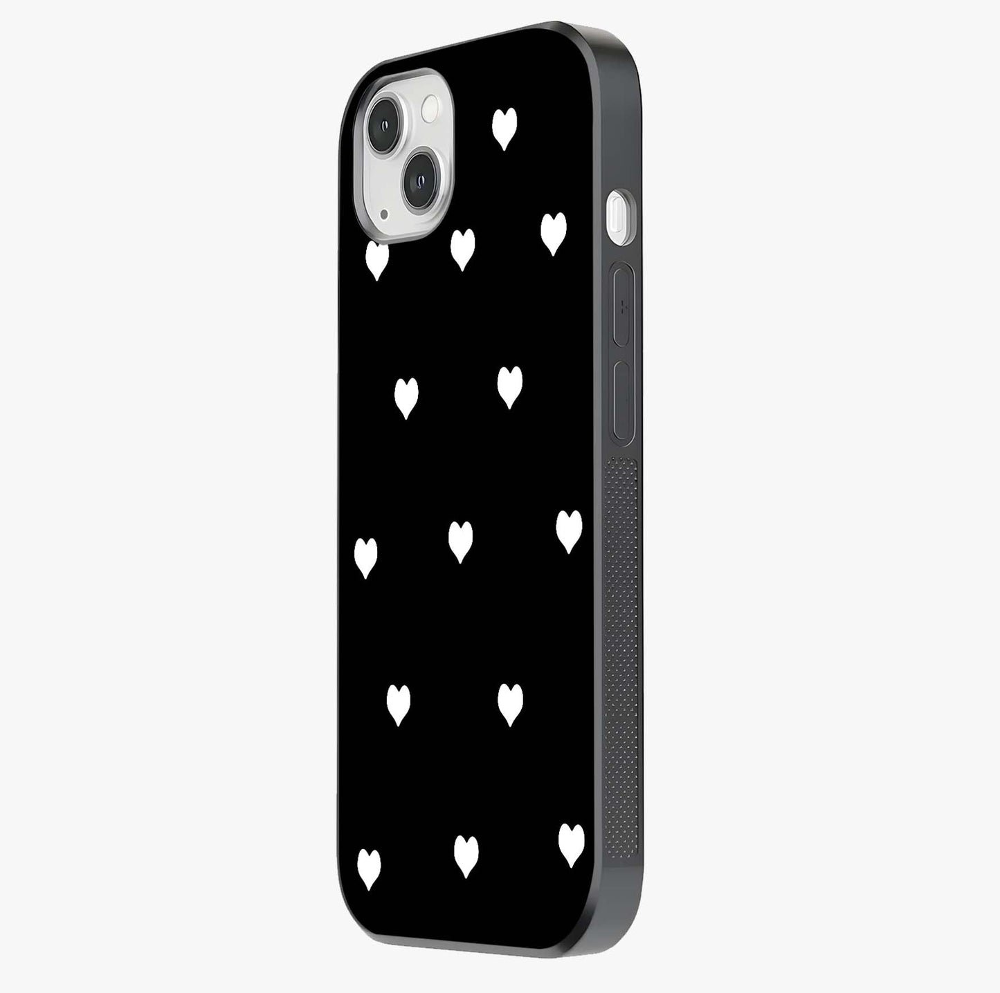 Cute And Simple White Hearts Glass Case photographed in natural light showing reflective finish and design depth.