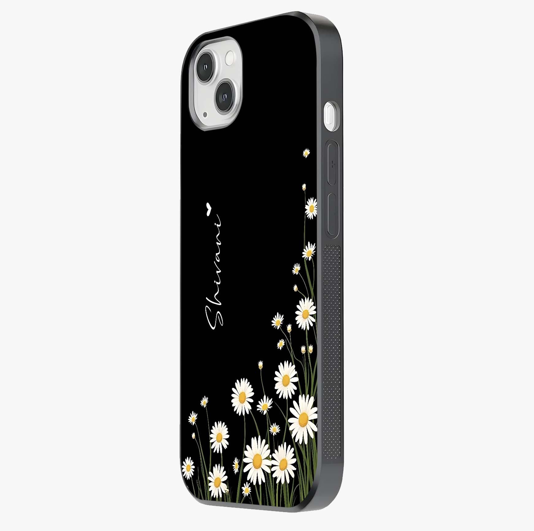 Daisy Cascade Custom Name Glass Case photographed in natural light showing reflective finish and design depth.