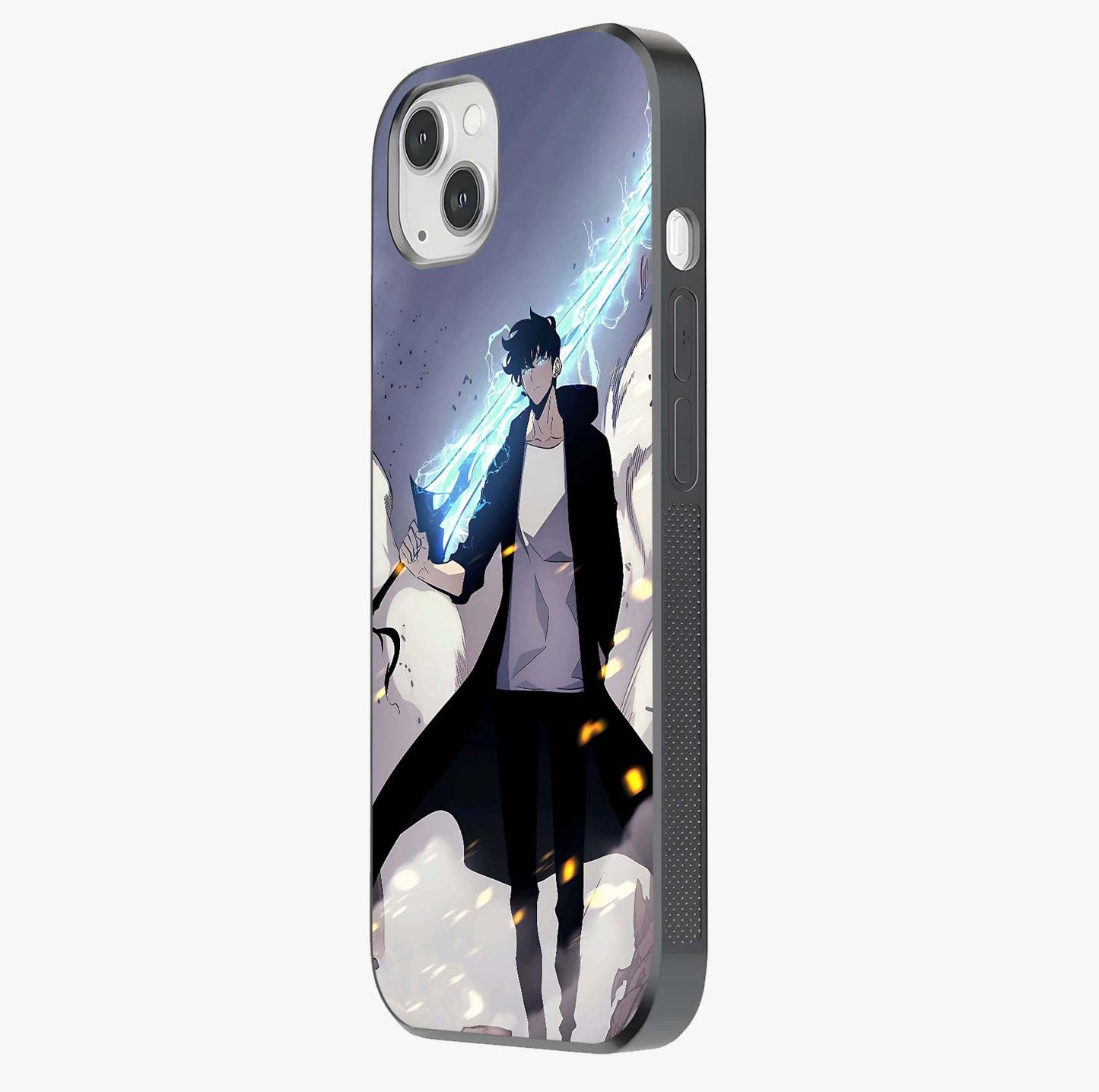 Dark Lightning Anime Warrior Glass Case photographed in natural light showing reflective finish and design depth.