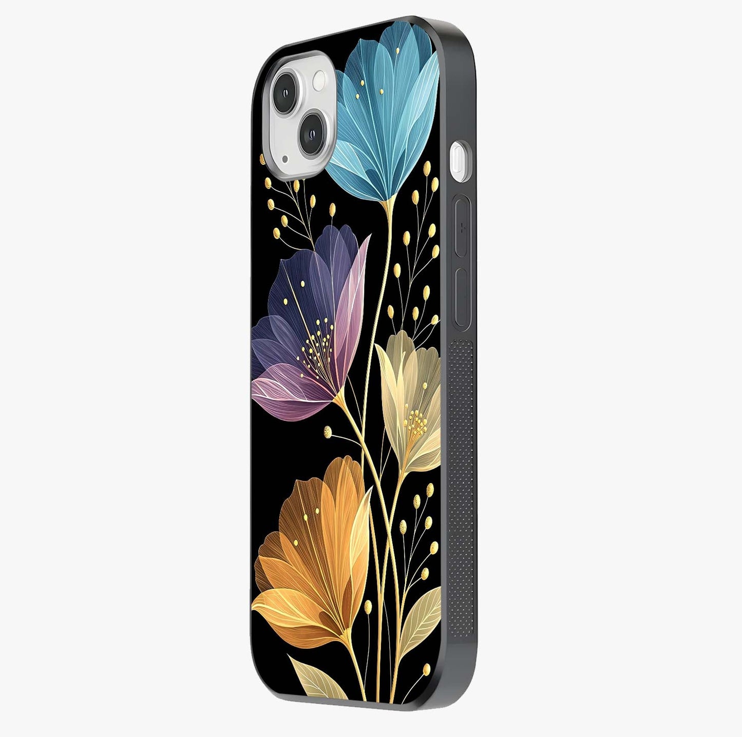 Delicate Multicolor Flowers Glass Case photographed in natural light showing reflective finish and design depth.