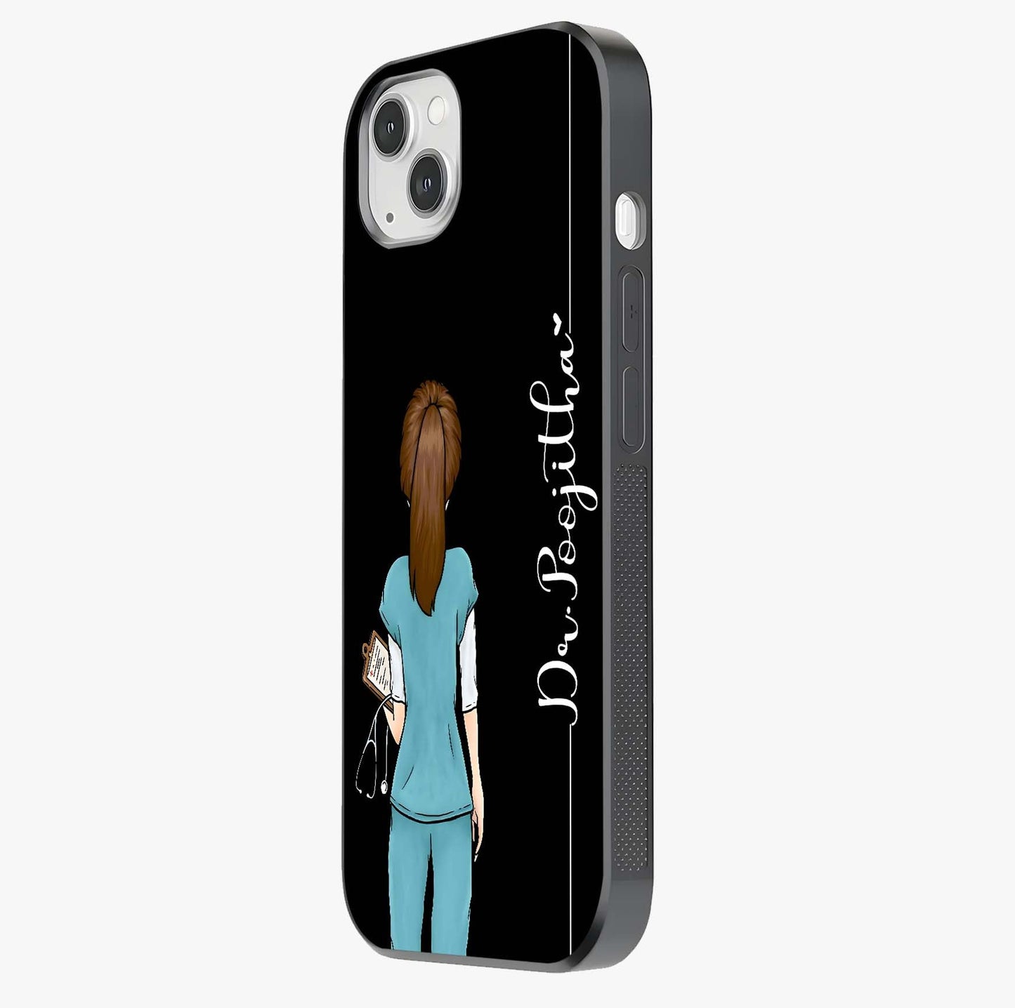 Doctor Pattern Custom Name Glass Case photographed in natural light showing reflective finish and design depth.