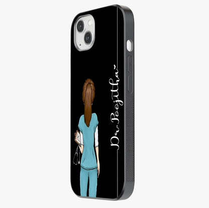 Doctor Pattern Custom Name Glass Case photographed in natural light showing reflective finish and design depth.