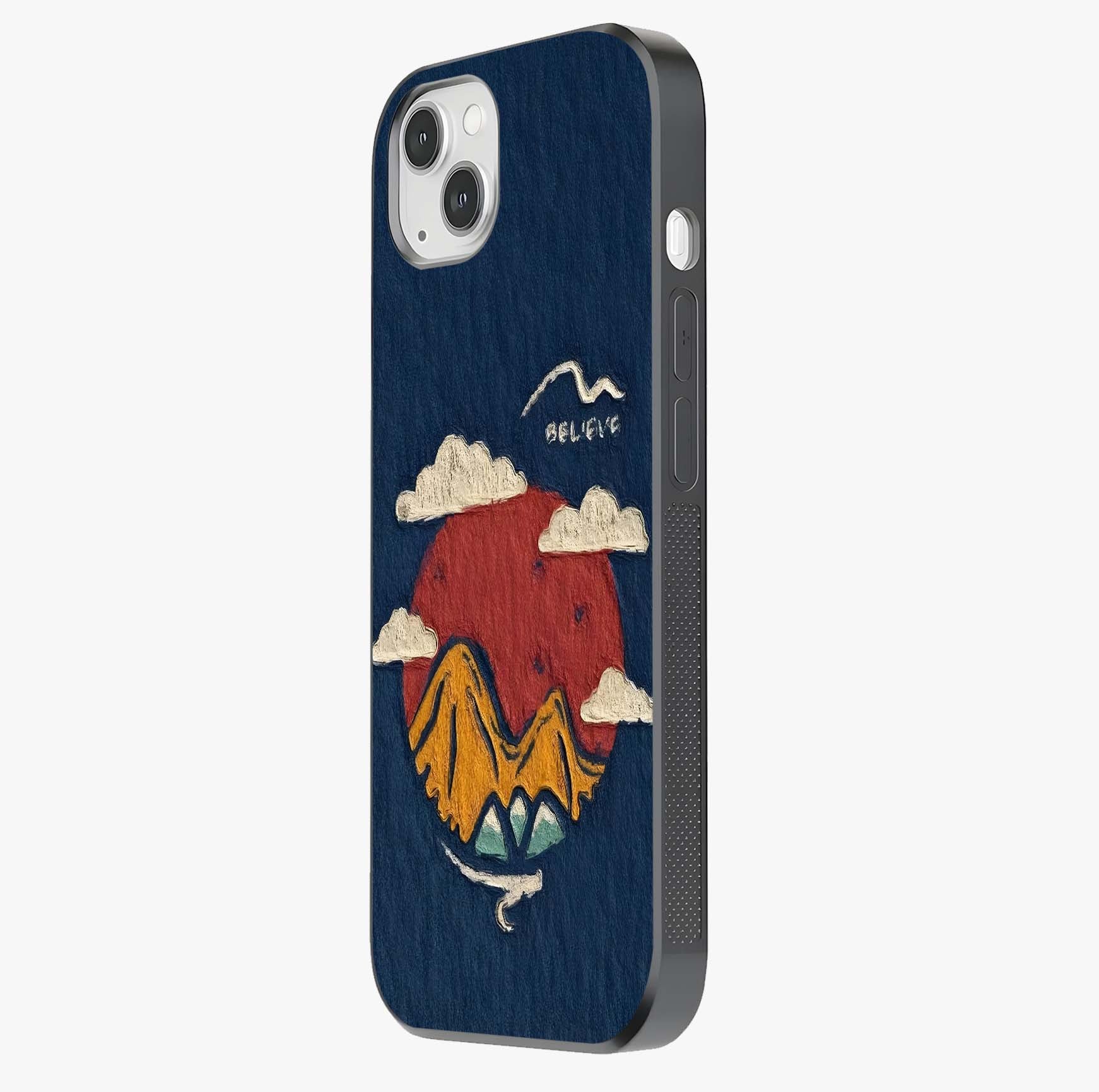 Dream Beyond Mountains Glass Case photographed in natural light showing reflective finish and design depth.