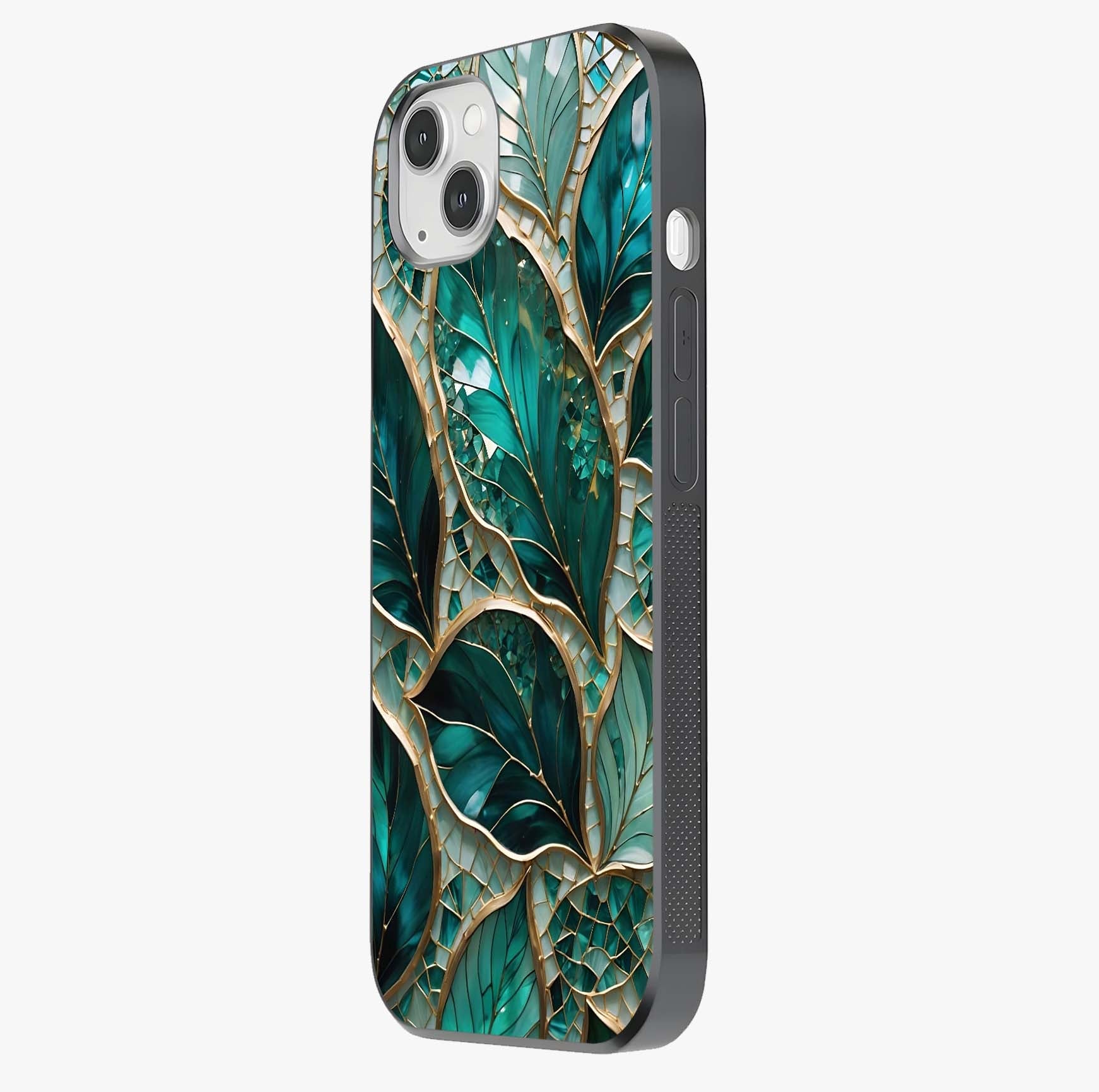 Emerald Leaf Glass Glass Case photographed in natural light showing reflective finish and design depth.