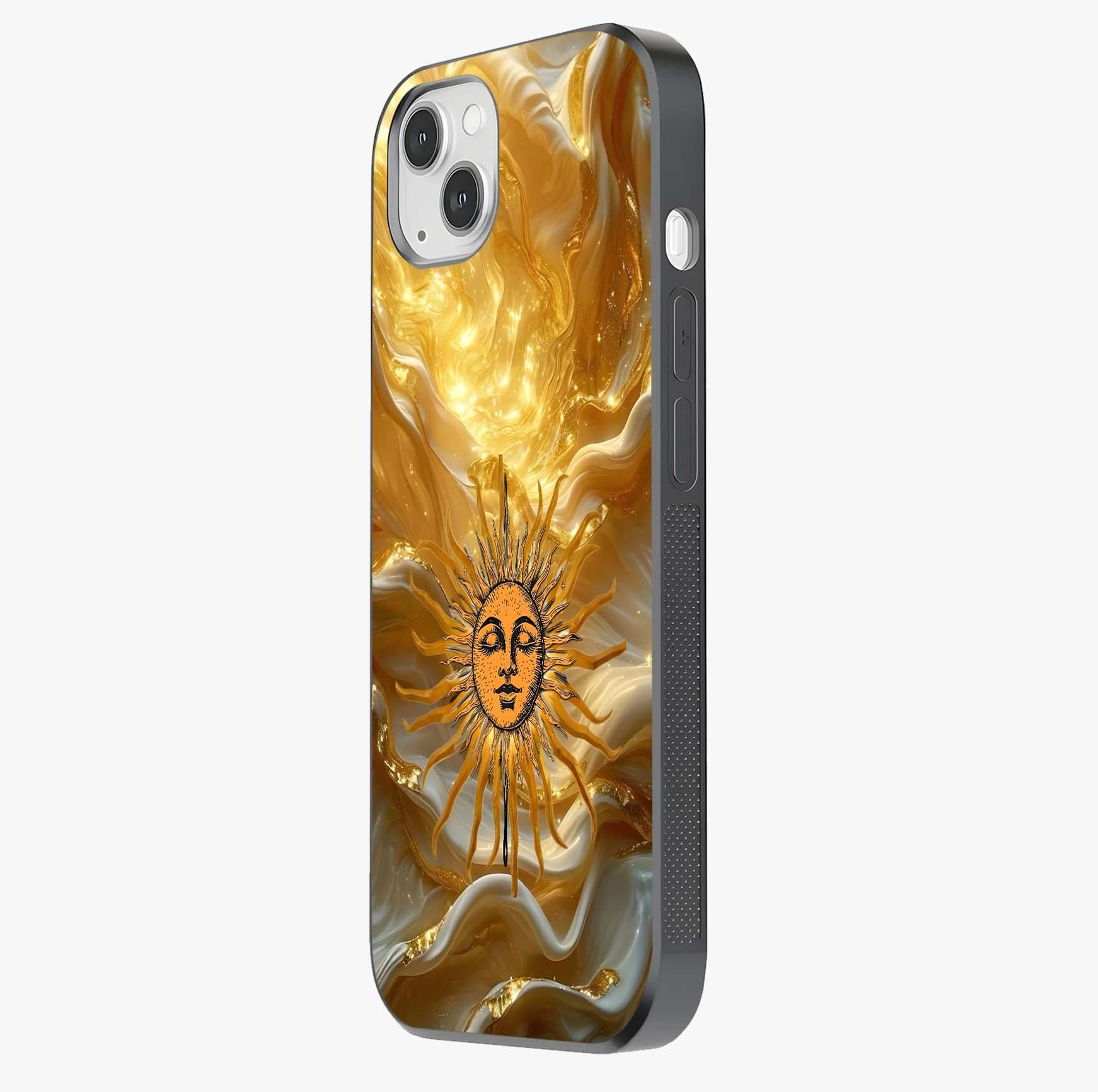 Eternal Golden Glow Glass Case photographed in natural light showing reflective finish and design depth.