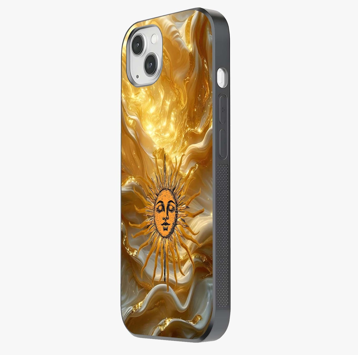 Eternal Golden Glow Glass Case photographed in natural light showing reflective finish and design depth.