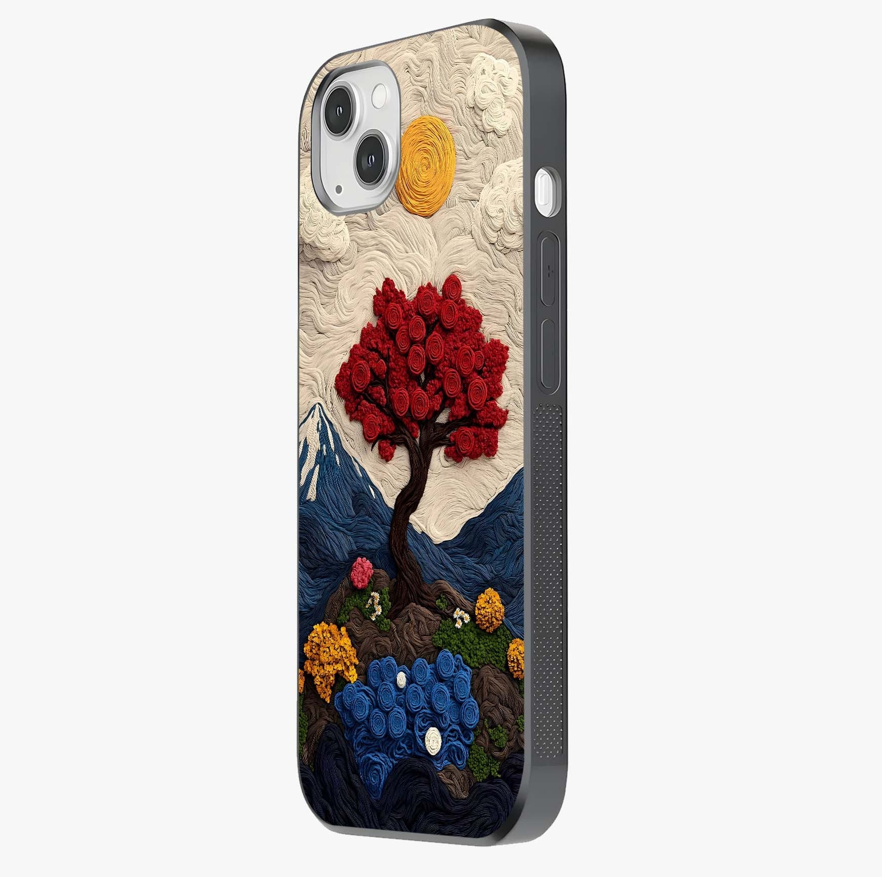 Eternal Nature Tapestry Glass Case photographed in natural light showing reflective finish and design depth.