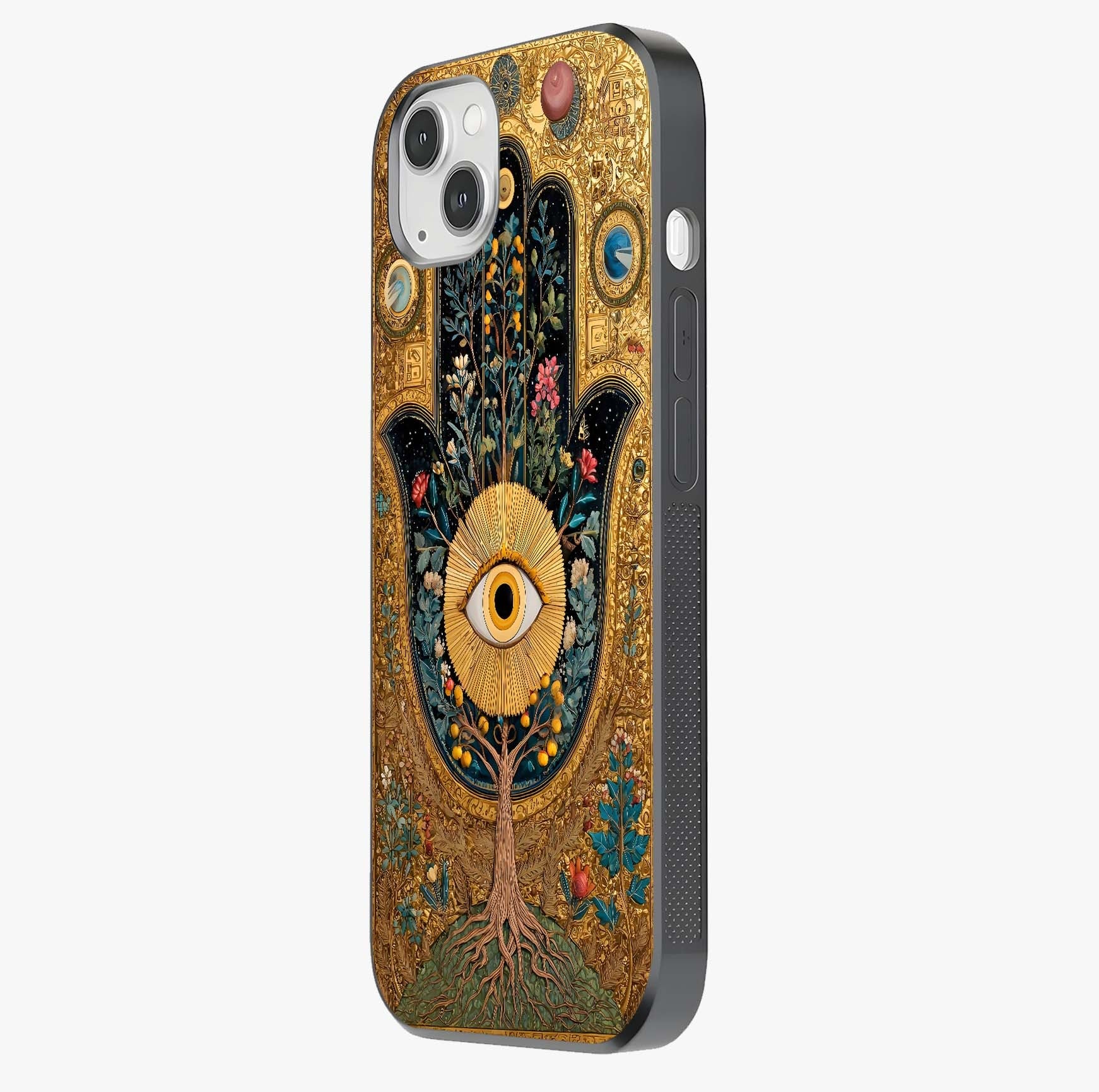 Ethereal Evil Eye Glass Case photographed in natural light showing reflective finish and design depth.