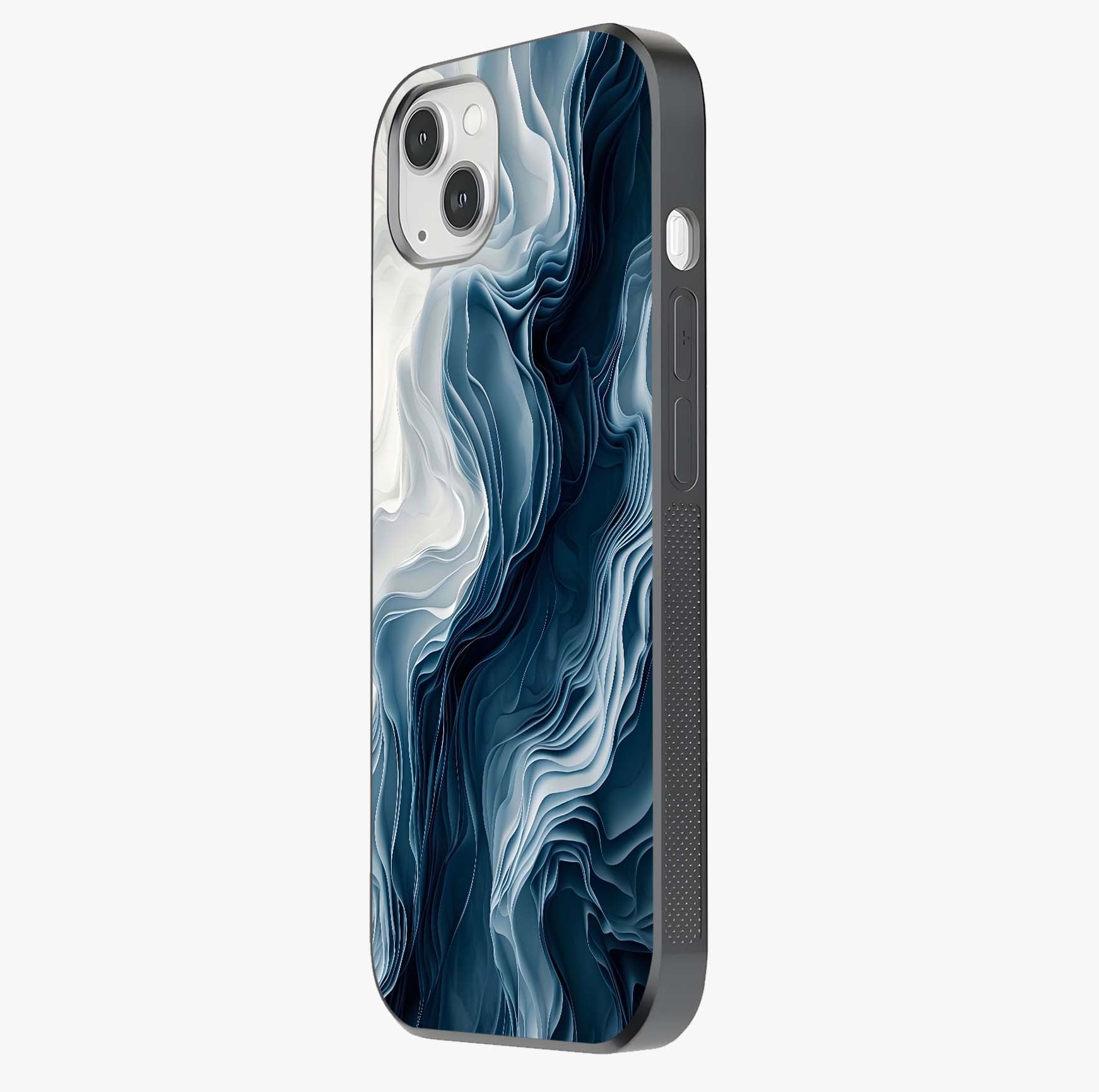 Ethereal Paper Marble Glass Case photographed in natural light showing reflective finish and design depth.