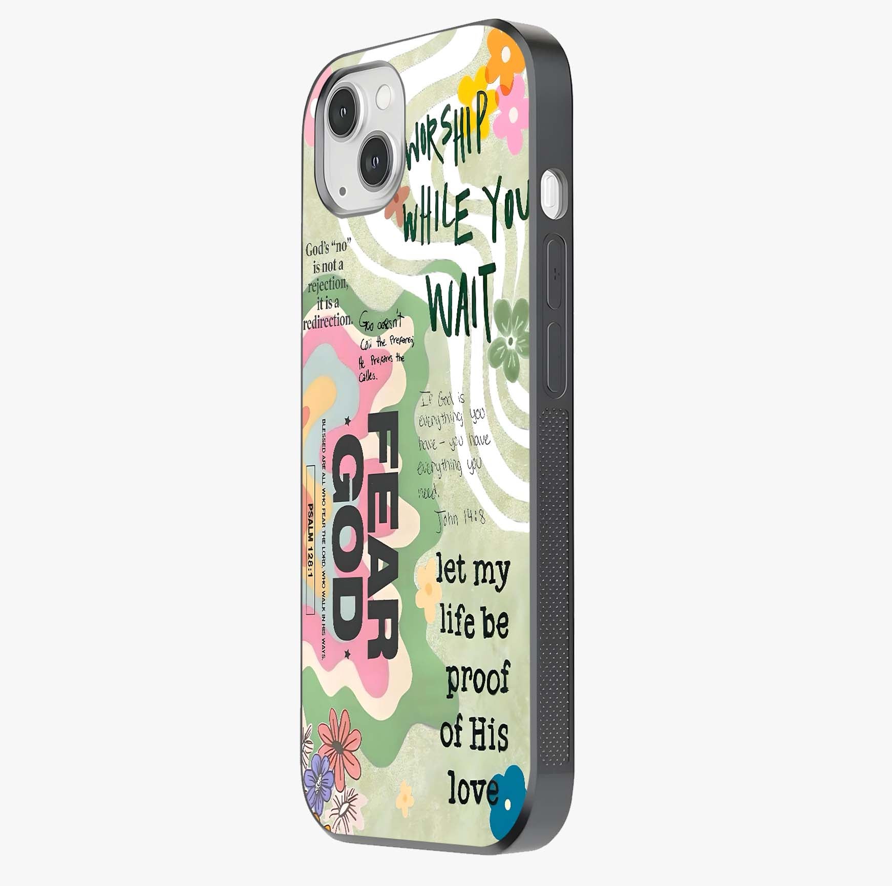 Faith Over Fear Glass Case photographed in natural light showing reflective finish and design depth.