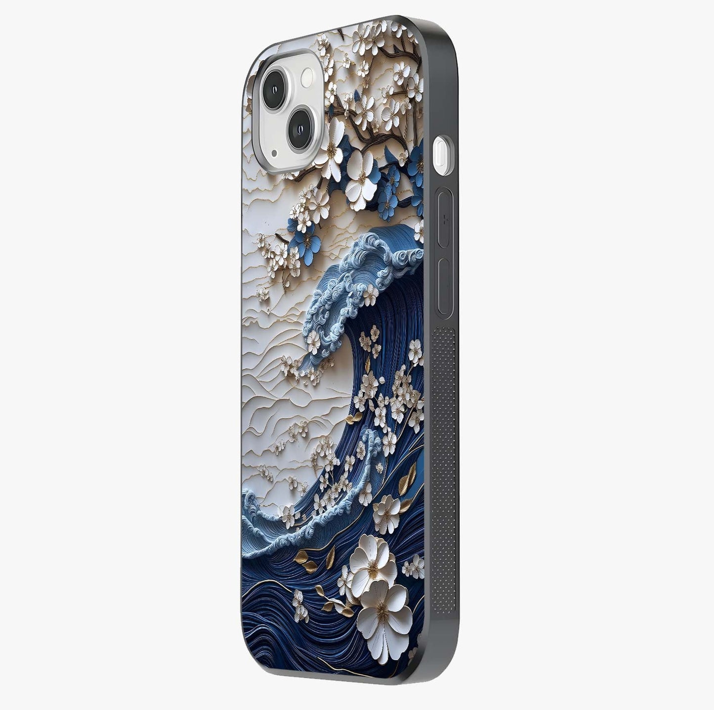 Floral Wave Origami Glass Case photographed in natural light showing reflective finish and design depth.