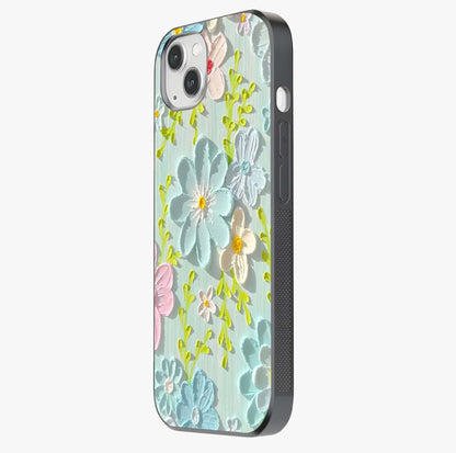 Frosted Petal Garden Glass Case photographed in natural light showing reflective finish and design depth.