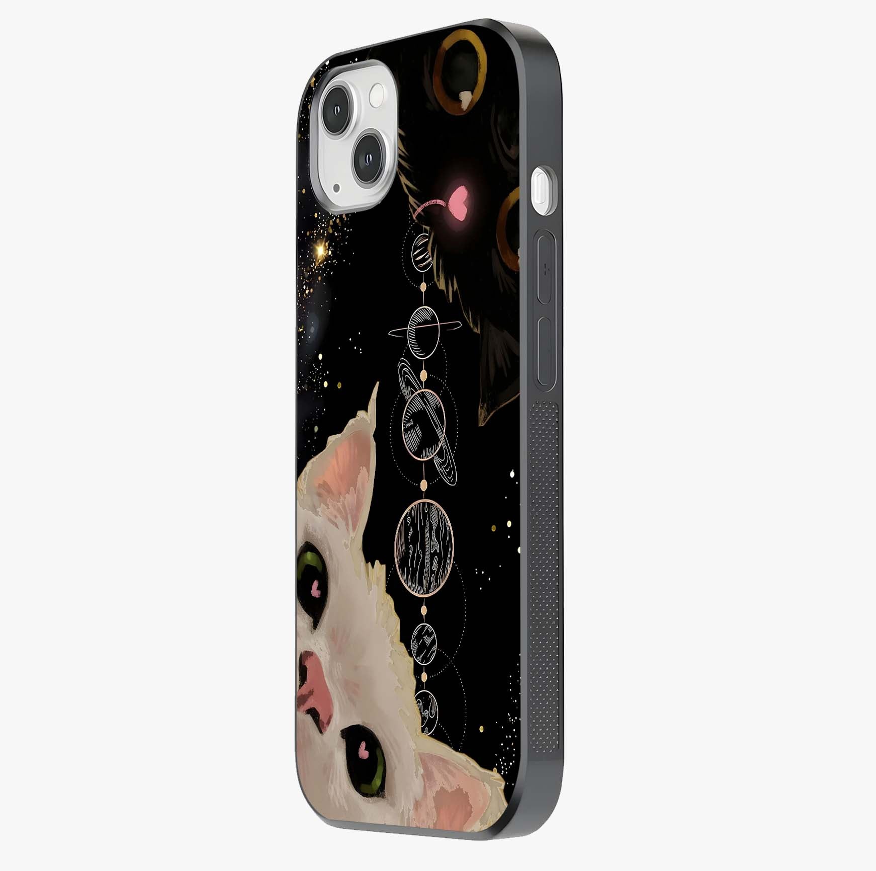 Galactic Cat Glass Case photographed in natural light showing reflective finish and design depth.