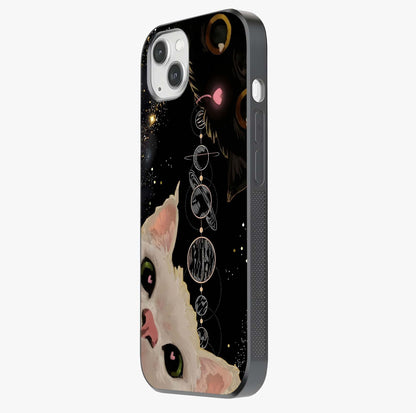 Galactic Cat Glass Case photographed in natural light showing reflective finish and design depth.