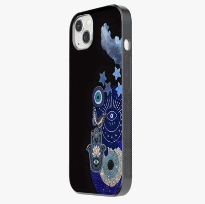 Galactic Charm Cluster Glass Case photographed in natural light showing reflective finish and design depth.