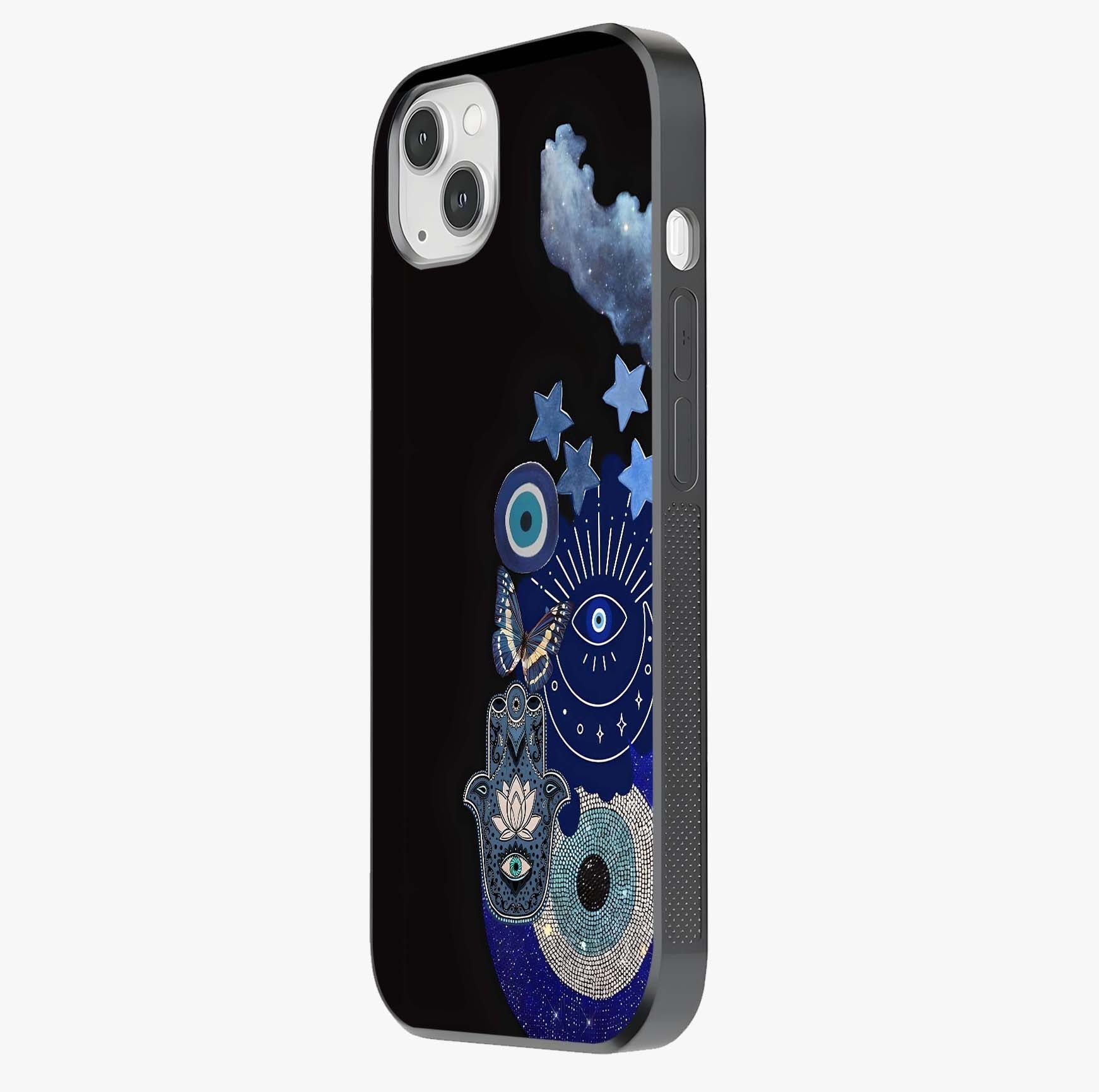 Galactic Charm Cluster Glass Case photographed in natural light showing reflective finish and design depth.