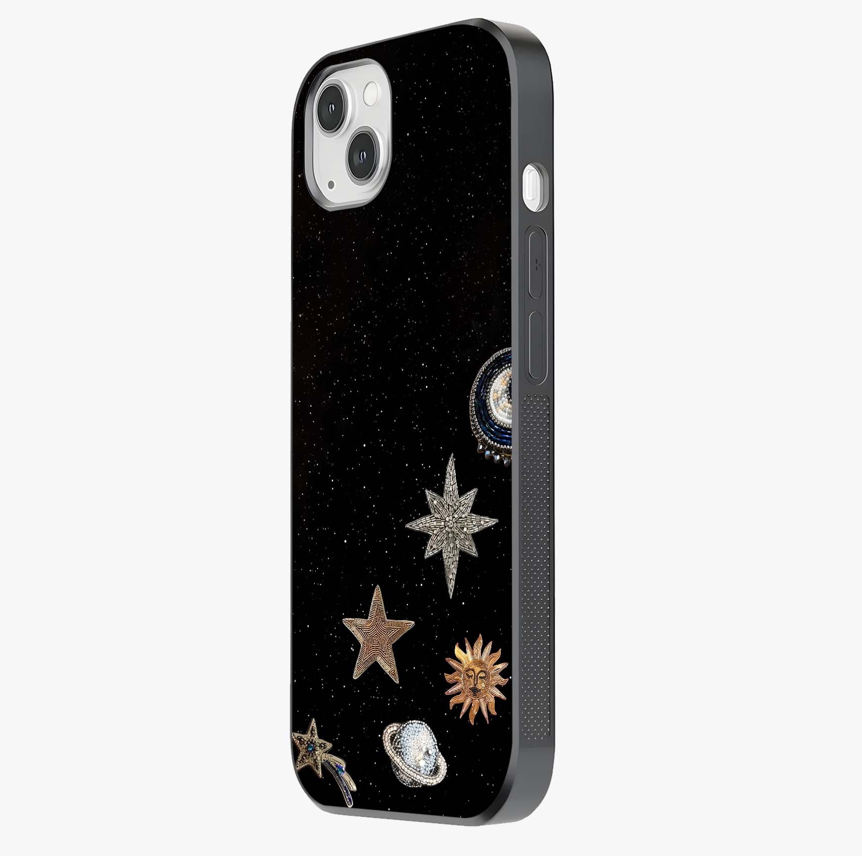Galactic Charm Glow Glass Case photographed in natural light showing reflective finish and design depth.