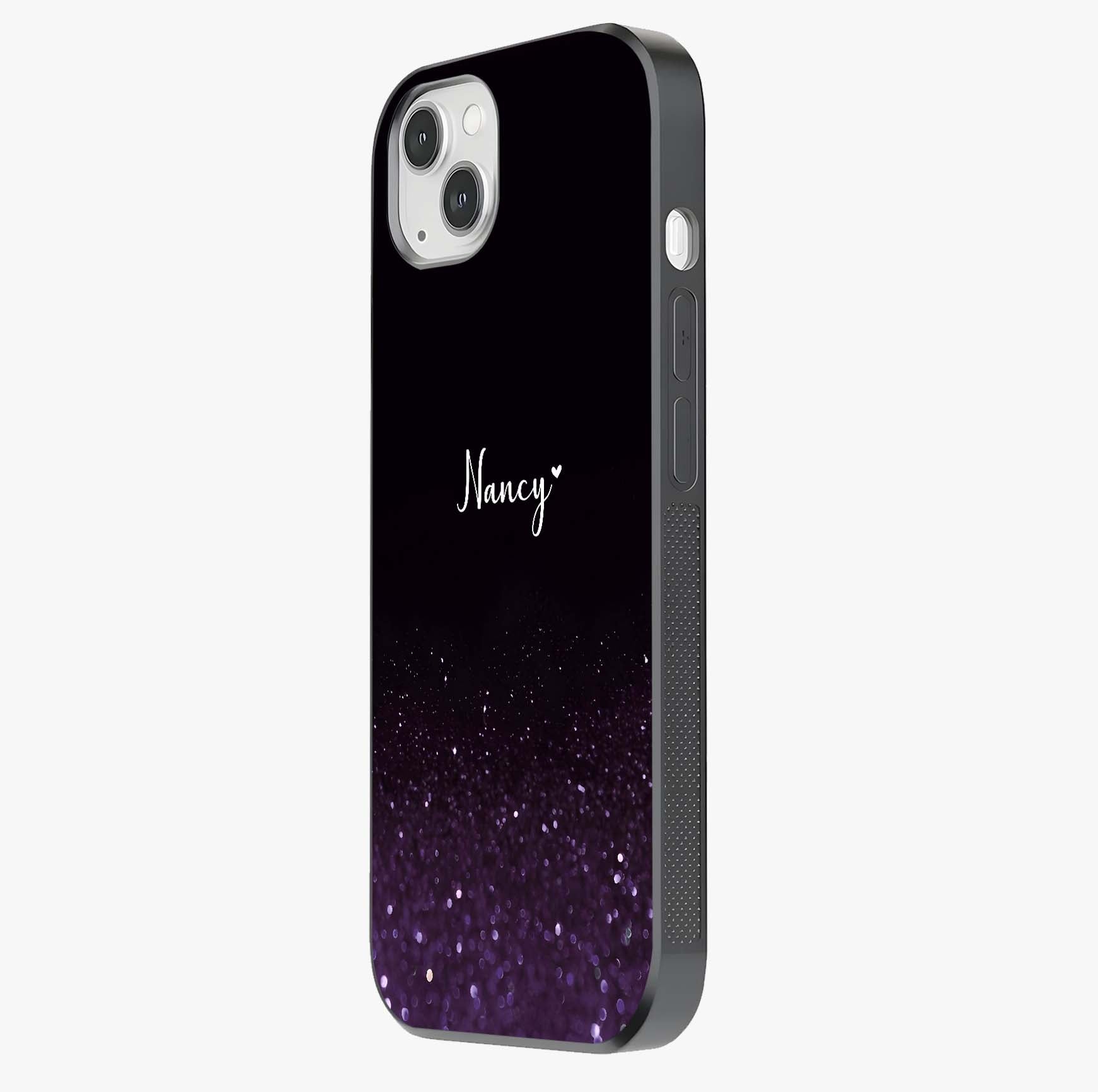 Glittery Purple Bokeh Custom Name Glass Case photographed in natural light showing reflective finish and design depth.