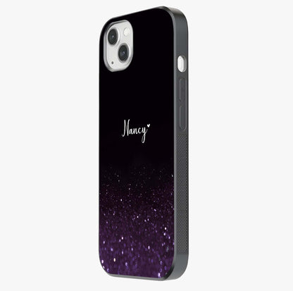 Glittery Purple Bokeh Custom Name Glass Case photographed in natural light showing reflective finish and design depth.