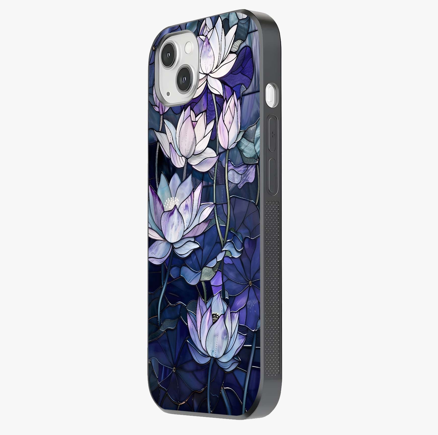 Gloss Petal Rush Glass Case photographed in natural light showing reflective finish and design depth.