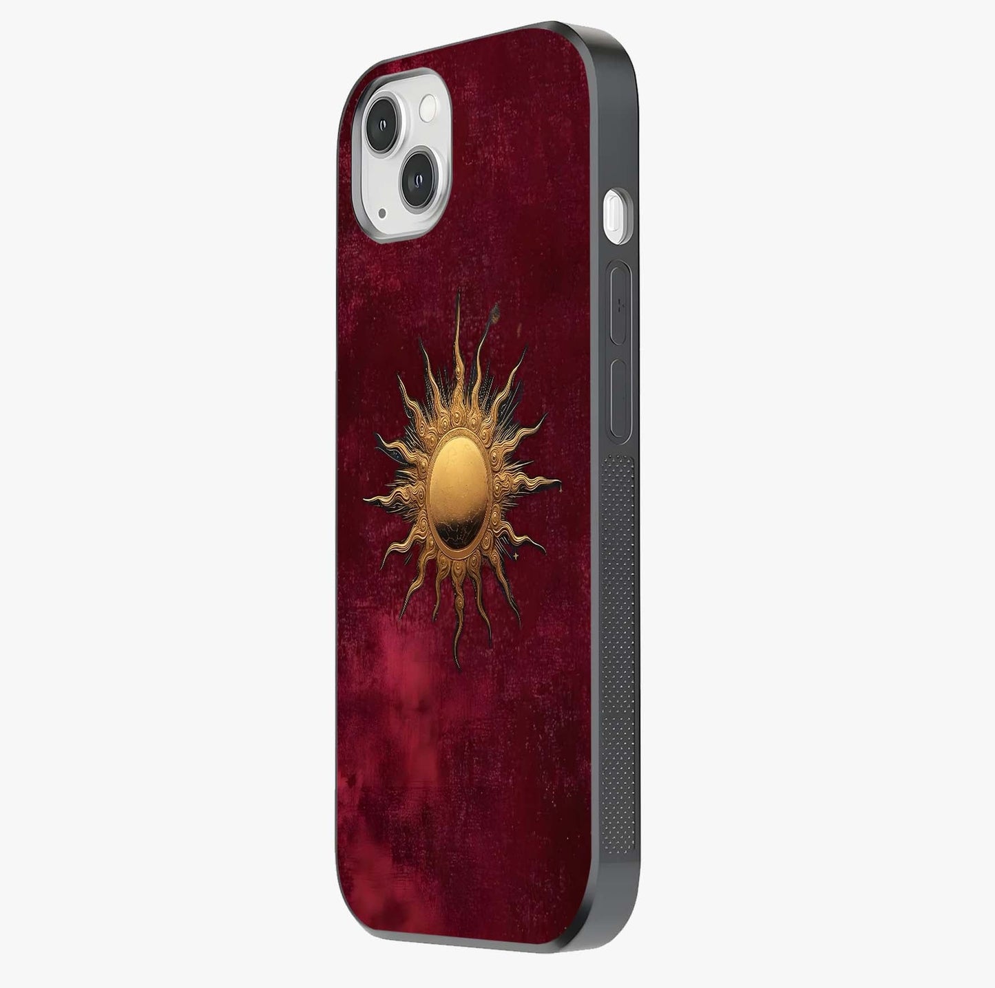 Gold Sun Blush Glass Case photographed in natural light showing reflective finish and design depth.