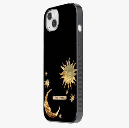 Golden Celestial Charm Glass Case photographed in natural light showing reflective finish and design depth.
