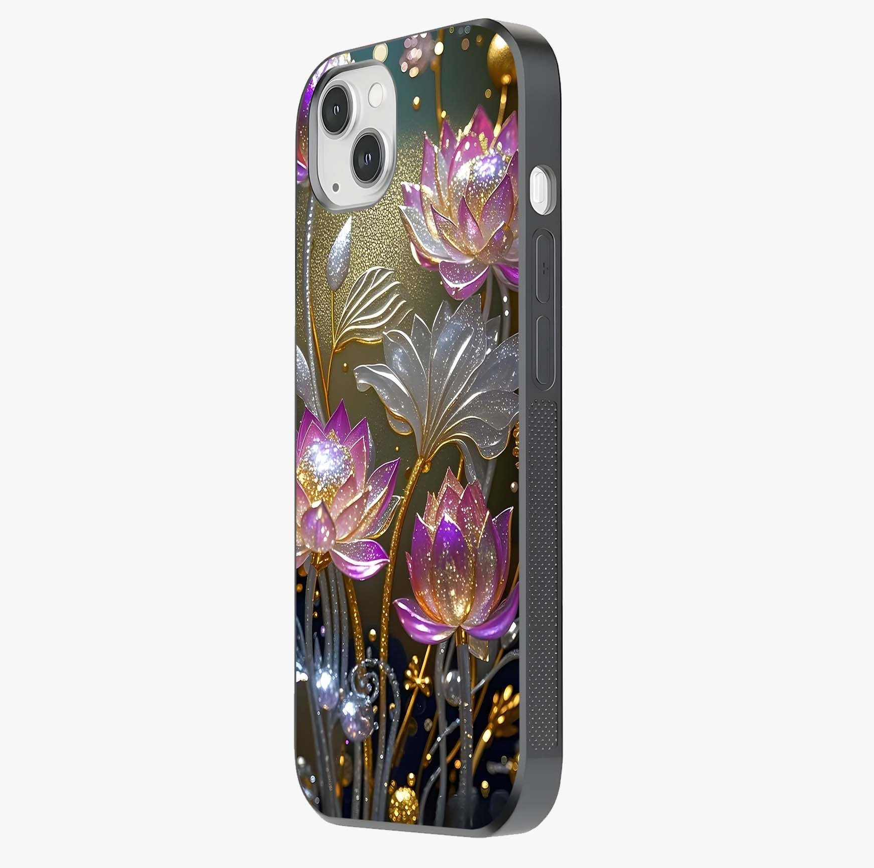 Golden Lotus Glow Glass Case photographed in natural light showing reflective finish and design depth.