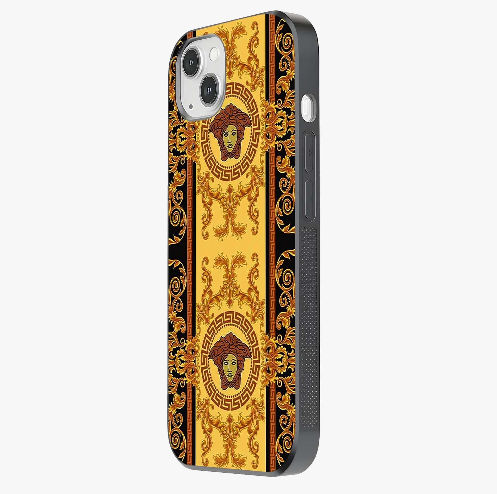 Golden Royal Heritage Glass Case photographed in natural light showing reflective finish and design depth.