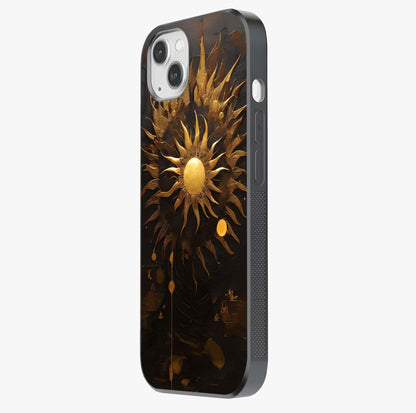 Golden Sun Majesty Glass Case photographed in natural light showing reflective finish and design depth.