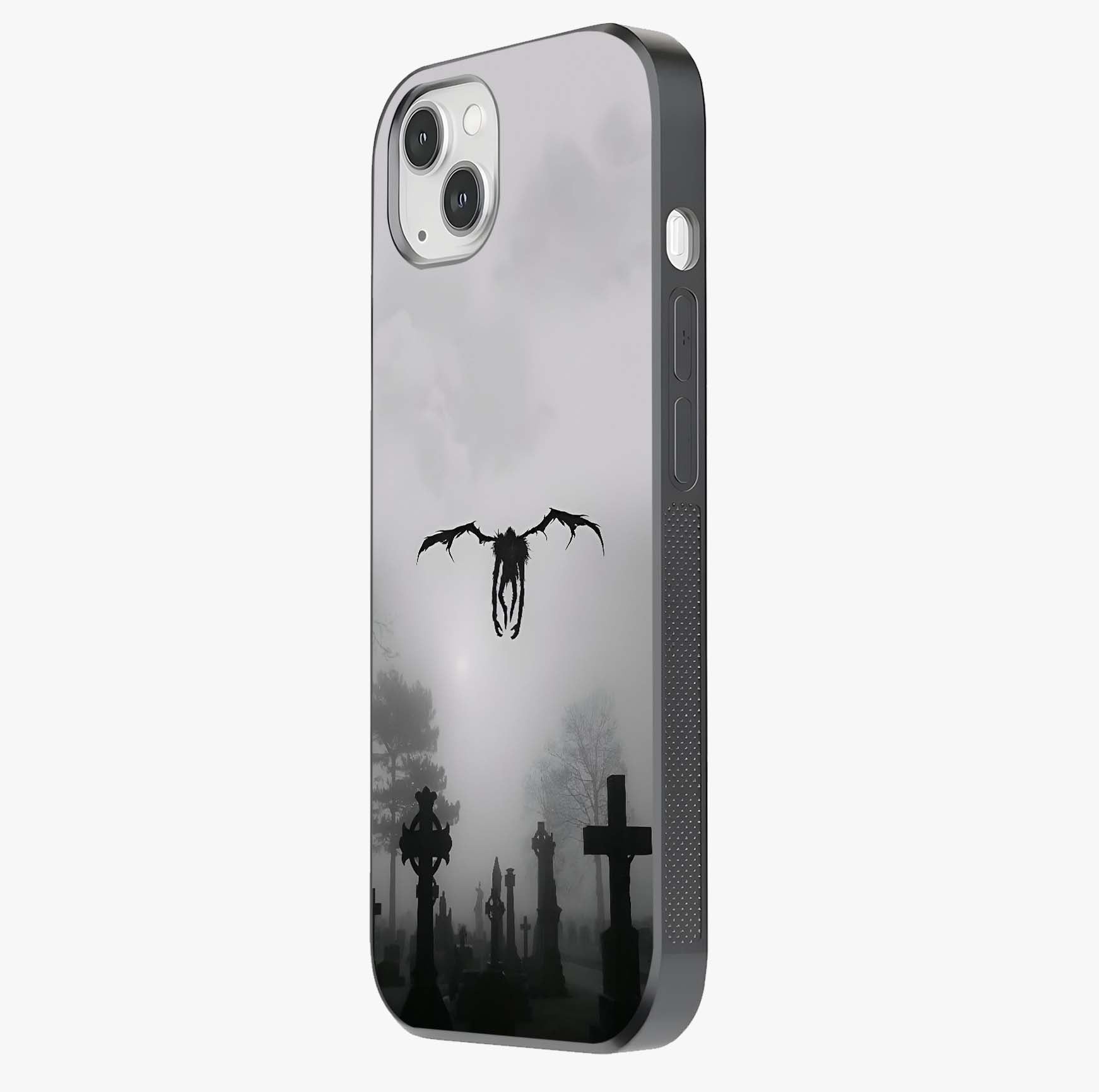 Graveyard Shadow Descent Glass Case photographed in natural light showing reflective finish and design depth.