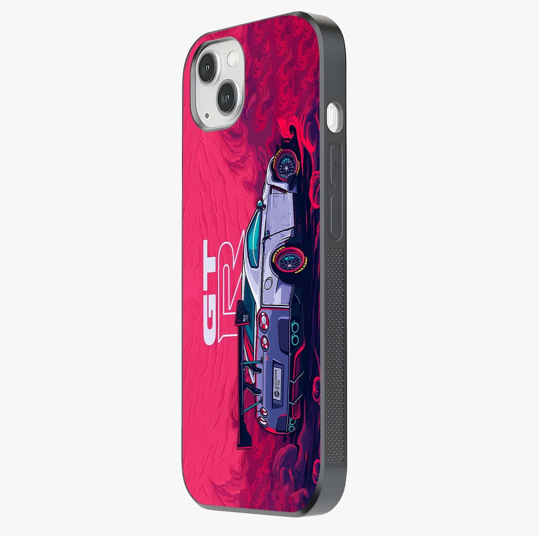 GT R Car Pattern Glass Case photographed in natural light showing reflective finish and design depth.