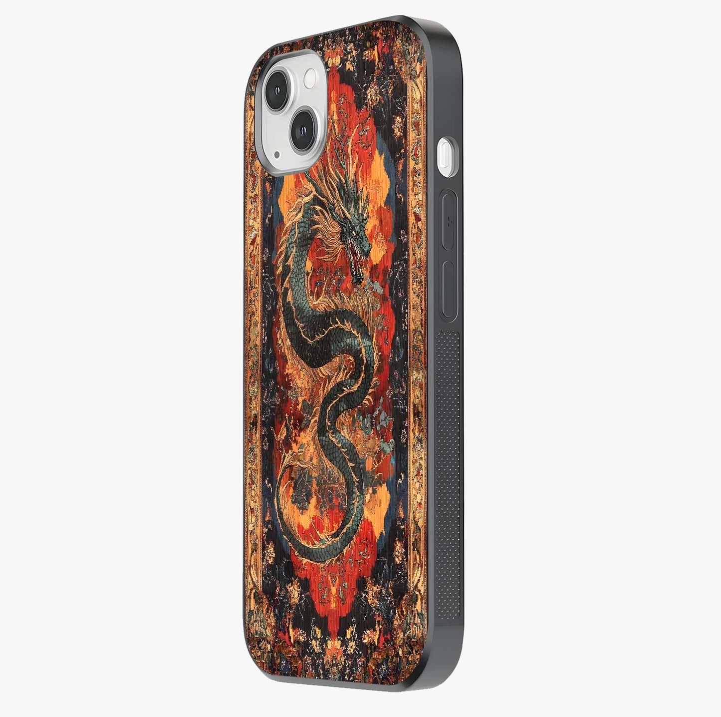 Inferno Dragon Soul Glass Case photographed in natural light showing reflective finish and design depth.