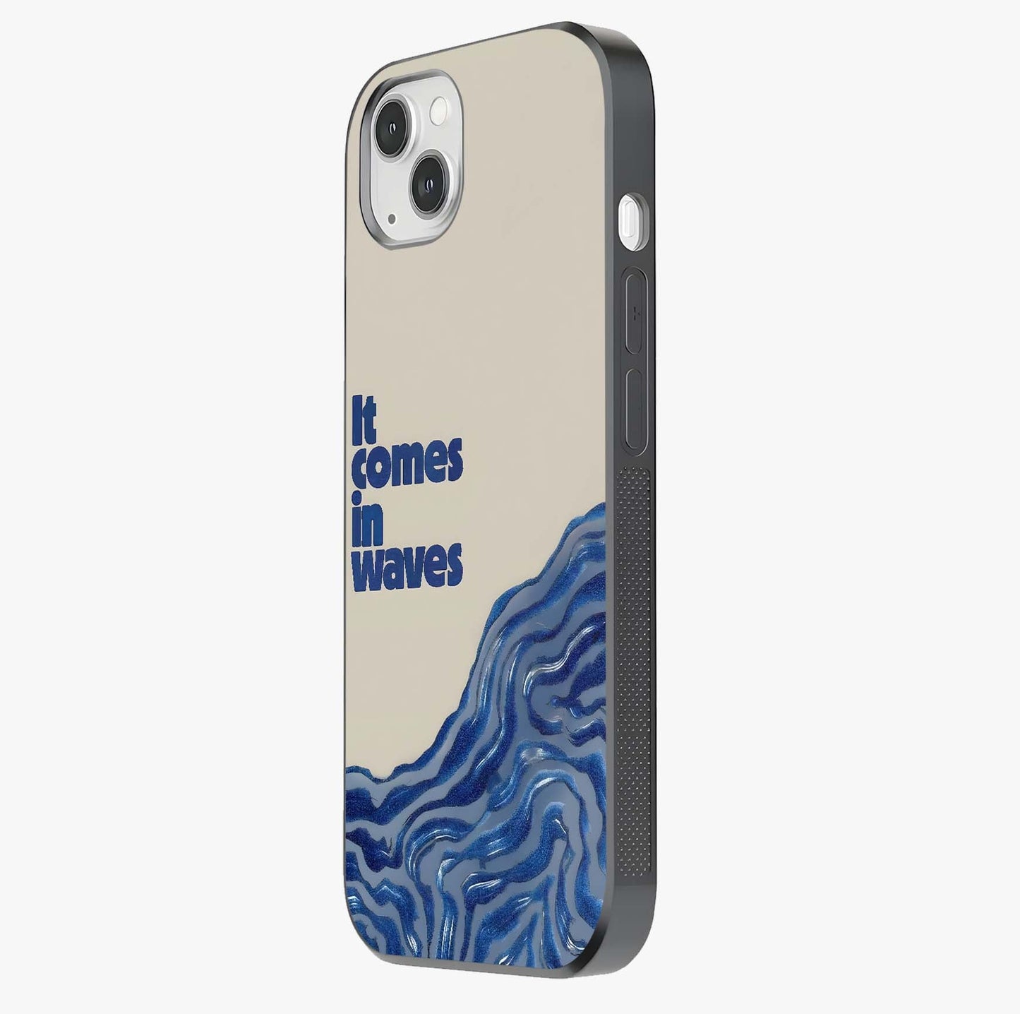 It Comes In Waves Quote Glass Case photographed in natural light showing reflective finish and design depth.