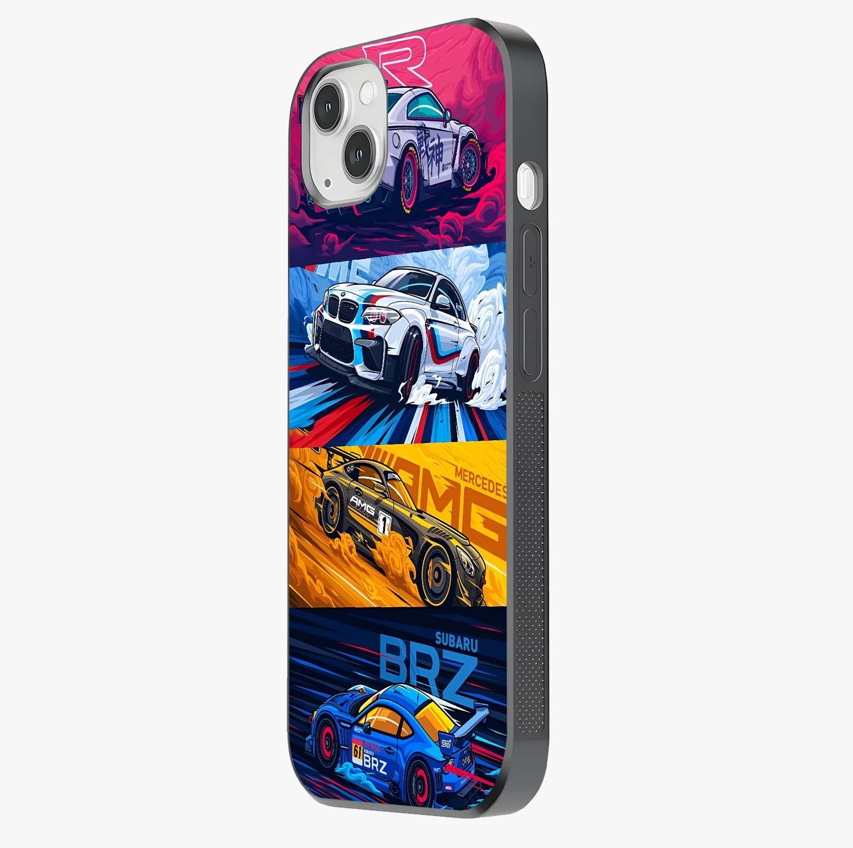 Jdm Sports Car Glass Case photographed in natural light showing reflective finish and design depth.