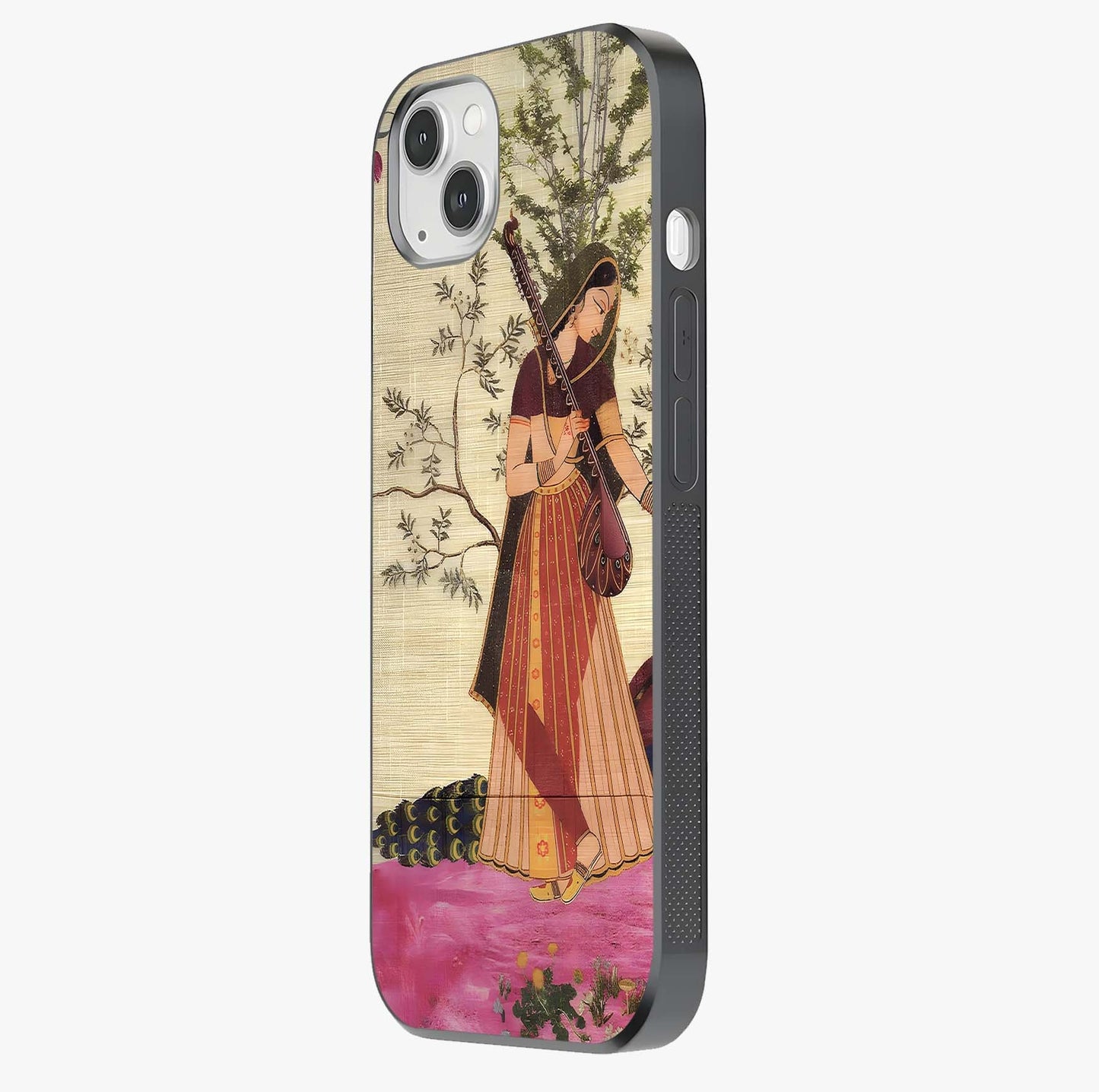 Lady With Veena Art Glass Case photographed in natural light showing reflective finish and design depth.