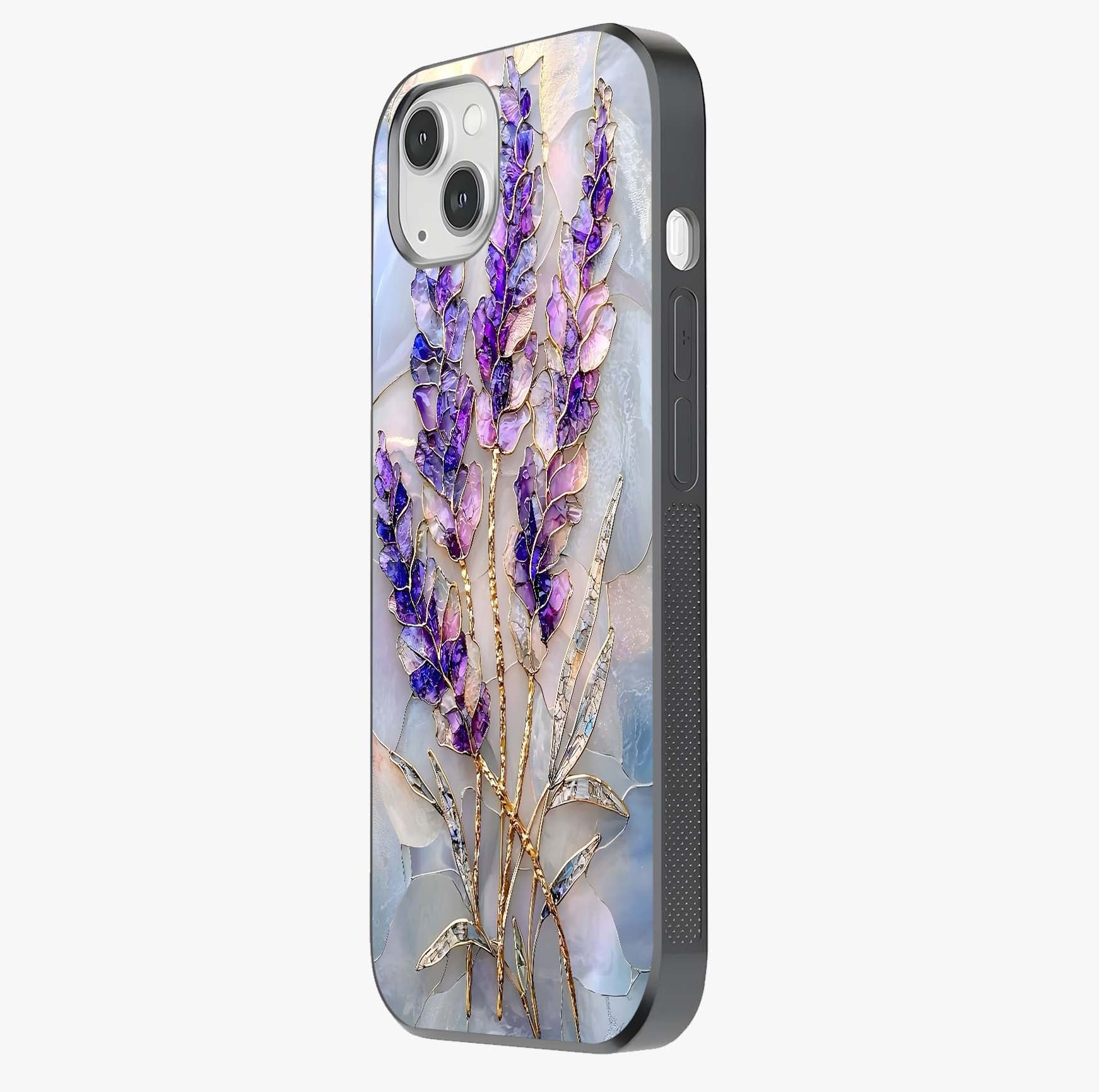 Lavender Dream Glow Glass Case photographed in natural light showing reflective finish and design depth.