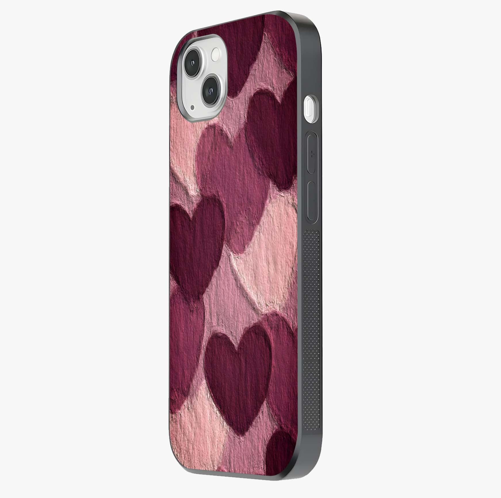 Layered Paper Hearts Glass Case photographed in natural light showing reflective finish and design depth.