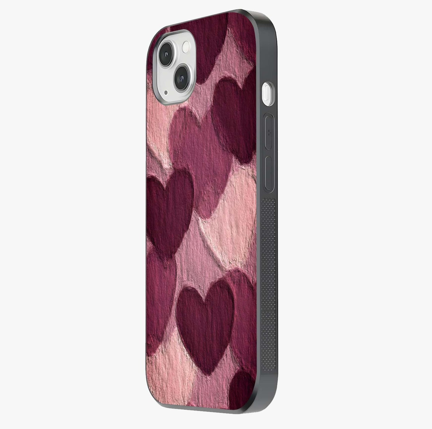 Layered Paper Hearts Glass Case photographed in natural light showing reflective finish and design depth.