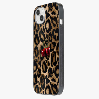 Leopard Wild Cherry Glass Case photographed in natural light showing reflective finish and design depth.