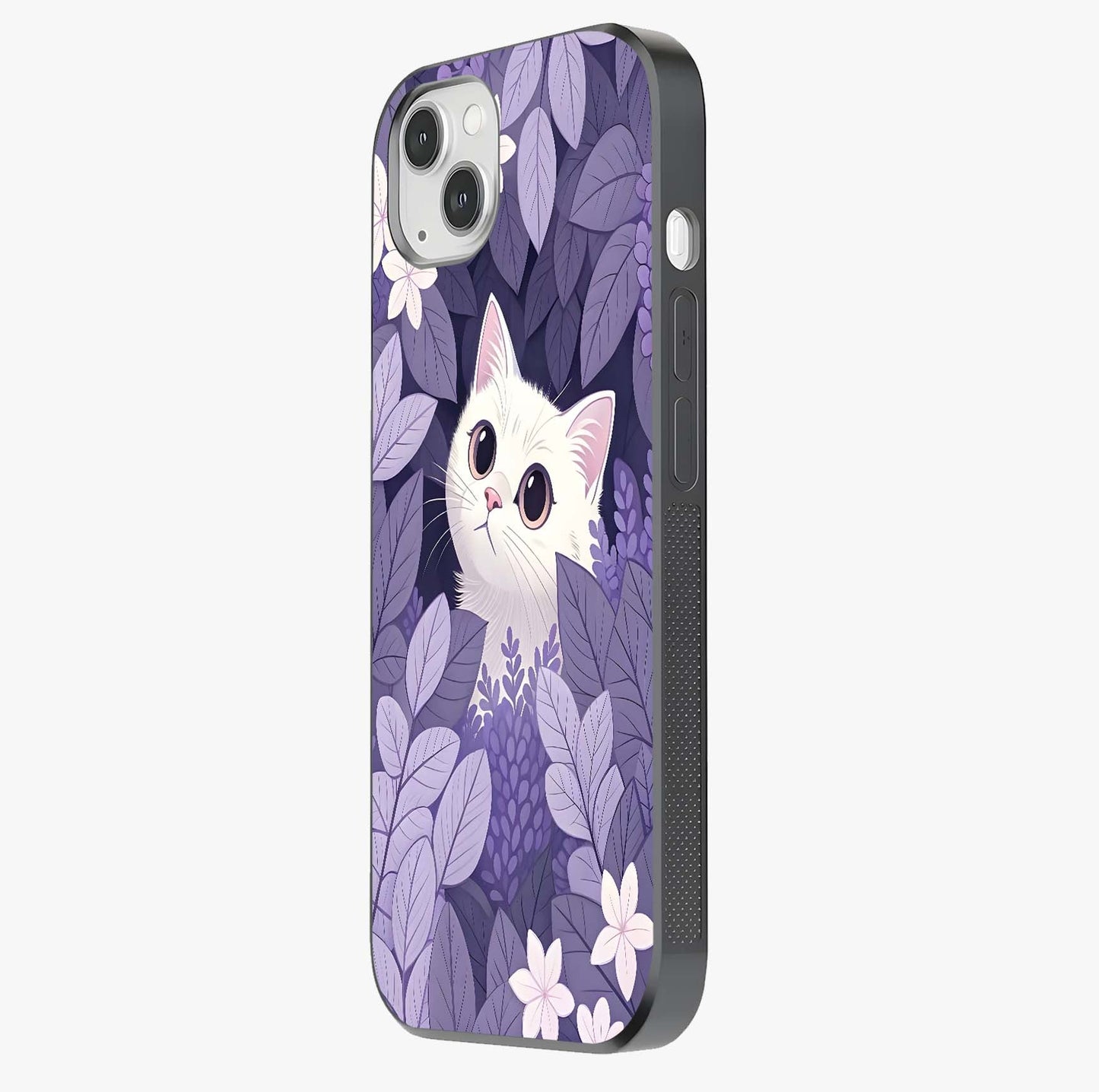 Lilac Hide Peek Cat Glass Case photographed in natural light showing reflective finish and design depth.