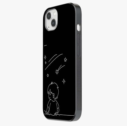Line Art Boy With Shooting Stars Glass Case photographed in natural light showing reflective finish and design depth.