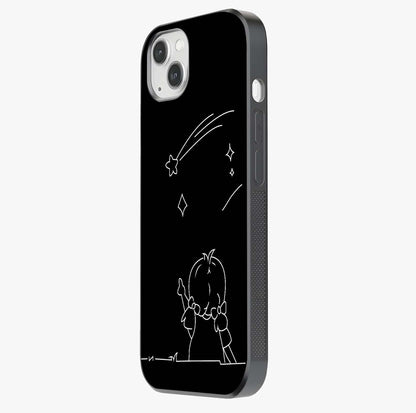Line Art Girl With Shooting Stars Glass Case photographed in natural light showing reflective finish and design depth.